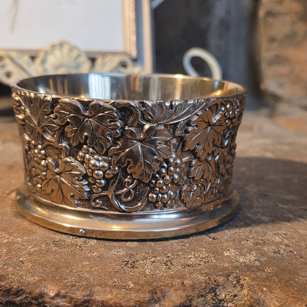 Vintage Silver Tone Wine Bottle Coaster Grapevine Embossed Made in Japan 4 Inch